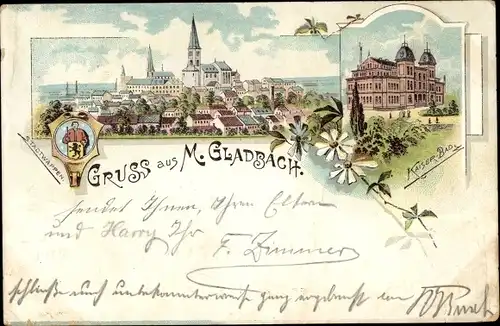 Litho Mönchengladbach am Niederrhein, Kaiserbad, Totalansicht, Stadtwappen