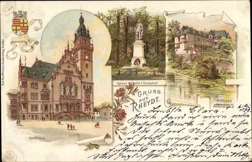 Litho Rheydt Mönchengladbach am Niederrhein, Schloss, Rathaus, Kaiser Wilhelm I Denkmal