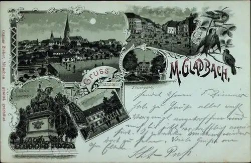 Mondschein Litho Mönchengladbach in Nordrhein Westfalen, Stadtansicht bei Nacht, Denkmal, Kaiserpark