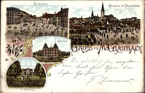 Litho Mönchengladbach am Niederrhein, Marktplatz, Münsterkirche, Kaiserbad, Kaiserpark