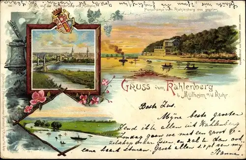 Mondschein Litho Mülheim an der Ruhr,Gruß vom Kahlenberg, Windmühle, Kettenbrücke