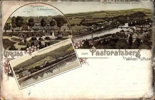 Litho Werden Essen im Ruhrgebiet, Gruß vom Pastoratsberg, Restaurant L. Scheidtmann