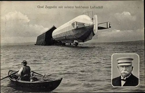Ak Graf Zeppelin mit seinem lenkbaren Luftschiff, Ruderboot, Portrait
