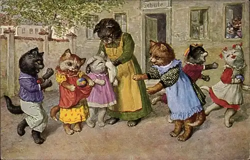 Künstler Ak Thiele, Arthur, Vermenschlichte Katzen, Schulpause, Schulklasse, Lehrerin
