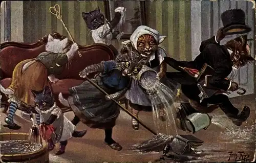 Künstler Ak Thiele, Arthur, Vermenschlichte Katzen beim Hausputz