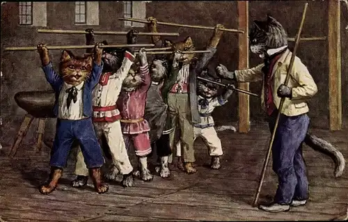 Künstler Ak Thiele, Arthur, Vermenschlichte Katzen, Turnunterricht, Stockübungen