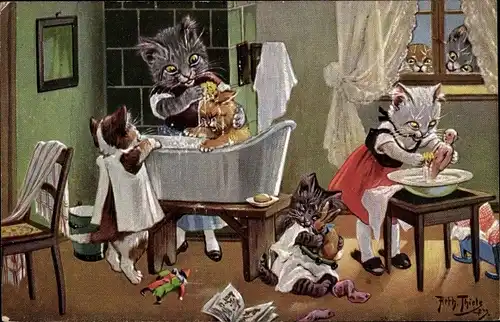 Künstler Ak Thiele, Arthur, Reinlichkeit ist eine Zier, Vermenschlichte Katzen beim Waschen