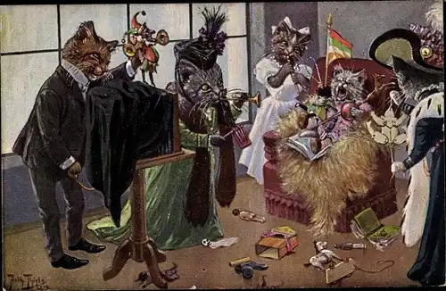 Künstler Ak Thiele, Arthur, Vermenschlichte Katzen beim Fotograf