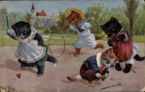 Künstler Ak Thiele, Arthur, Vermenschlichte Katzenkinder mit Reifen und Kreiseln