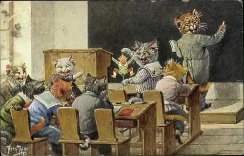 Künstler Ak Thiele, Arthur, Vermenschlichte Katzen in der Schule, Hampelmann