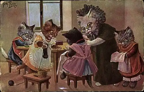 Künstler Ak Thiele, Arthur, Vermenschlichte Katzen, nähen, stricken, sticken, Großmutter