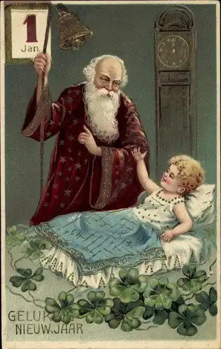 Präge Litho Glückwunsch Neujahr, Kind im Bett, alter Mann, Glocke, Uhr, Kalender, Kleeblätter