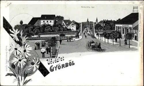 Litho Győr Ráb Raab Ungarn, Karmelita ter, Straßenpartie, Kutsche, Brücke