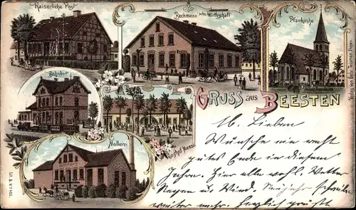 Litho Beesten im Emsland, Pfarrkirche, Beckmann'sche Wirtschaft, Molkerei, Post, Bahnhof, Gasthof