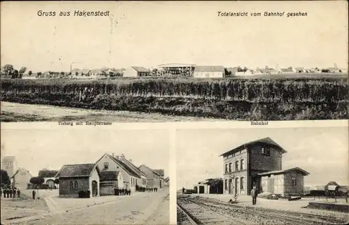 Ak Hakenstedt Erxleben Sachsen Anhalt, Totalansicht, Bahnhof Gleisseite, Tieberg mit Hauptstraße
