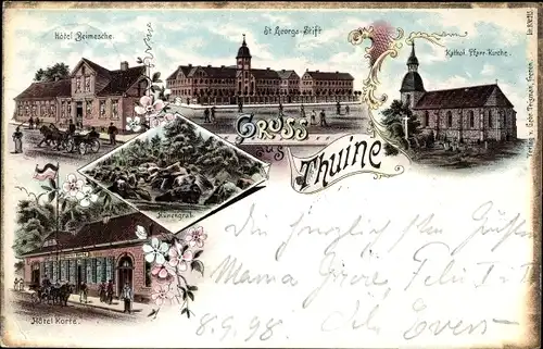Litho Thuine im Emsland, Katholische Pfarrkirche, St. Georgs Stift, Hotel Beimesche, Hotel Korte