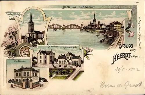 Litho Heerdt Düsseldorf am Rhein, Kirche, Mädchen und Knabenschule, Rathaus, Brücke