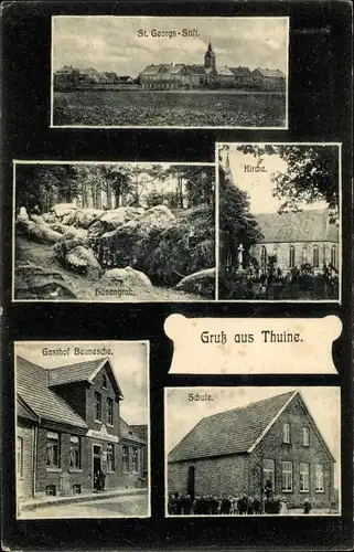 Ak Thuine im Emsland, St. Georgs Stift, Schule, Gasthof Beimesche, Kirche, Hünengrab