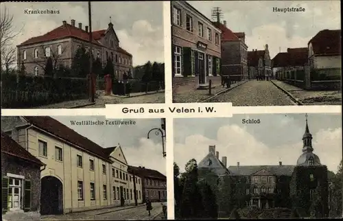 Ak Velen im Münsterland Westfalen, Krankenhaus, Hauptstraße, Westfälische Textilwerke, Schloss