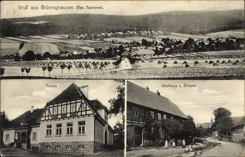 Ak Brünnighausen Coppenbrügge Niedersachsen, Panorama, Schule, Gasthaus b. Grimpe