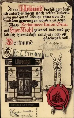 Ak Dortmund im Ruhrgebiet, Gasthaus Löwenhof, Urkunde Dortmunder Union Bräu