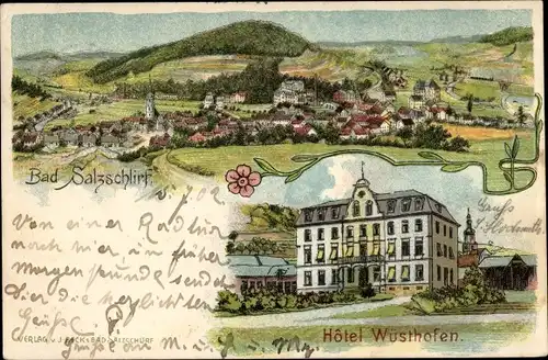 Litho Bad Salzschlirf in Hessen, Panorama, Hotel Wüsthofen