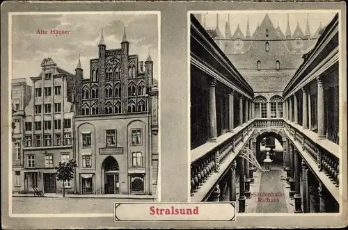 Ak Stralsund in Vorpommern, Alte Häuser, Rathaus, Säulenhalle