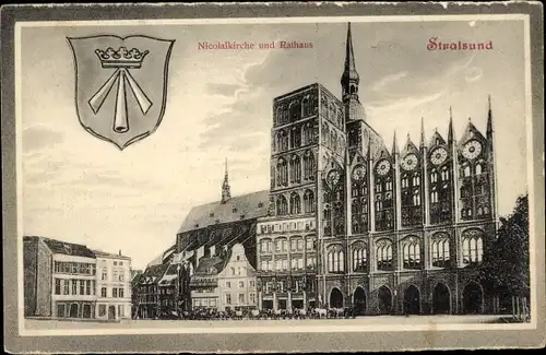 Ak Stralsund in Vorpommern, Nicolaikirche, Rathaus, Wappen