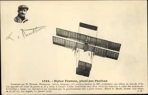 Ak Biplan Farman, pilote par Paulhan, Flugzeug, Flugpionier