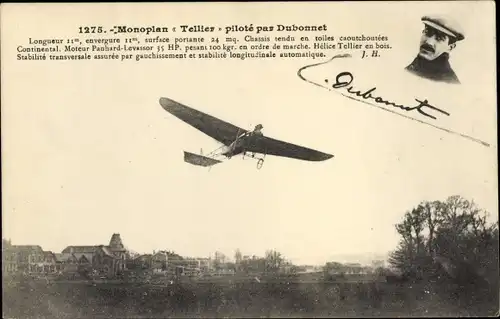 Ak Monoplan Tellier, Aéroplane, Aviateur, Pilote par Dubonnet