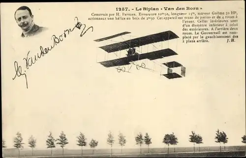 Ak Biplan Van den Born, Flugzeug im Flug, Pilot, Flugpionier