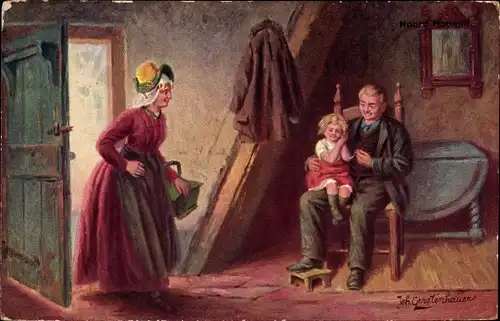 Künstler Ak Gerstenhauer, Johann Georg, Frau kehrt nach Hause zurück, Familie