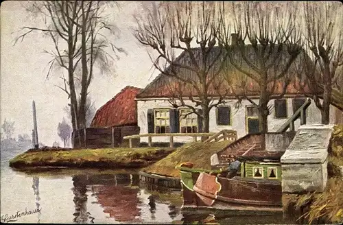 Künstler Ak Gerstenhauer, J. G., Ortsansicht, Wohnhaus am Wasser, Boot