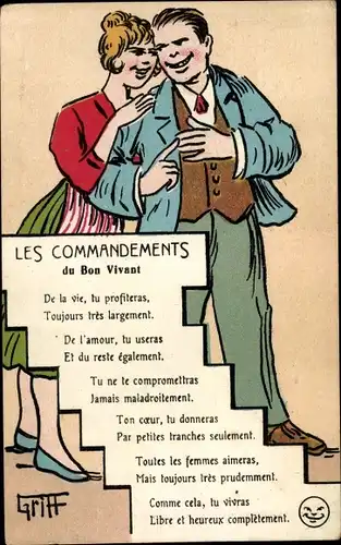 Künstler Ak Griff, Liebespaar, Les Commandements du Bou Vivant
