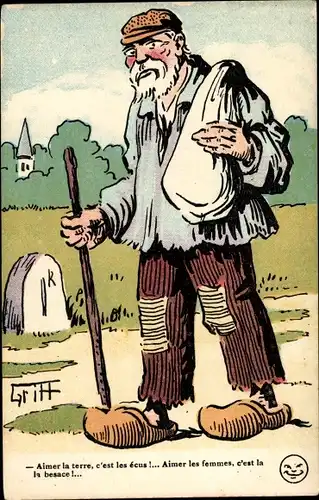 Künstler Ak Griff, Mann in französischer Tracht, Gehstock, Aimer la terre, c'est les ecus...