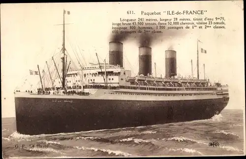 Ak Dampfer, Dampfschiff, Paquebot Ile de France, CGT, French Line