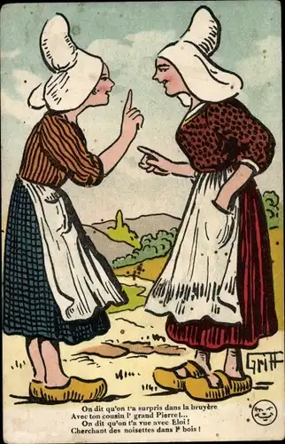 Künstler Ak Griff, Zwei Frauen in französischer Tracht, Gespräch, On dit qu'on t'a surpris...