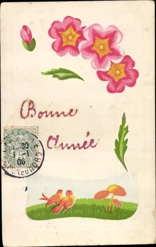 Präge Ak Glückwunsch Neujahr, Blumen, Vogel, Pilze