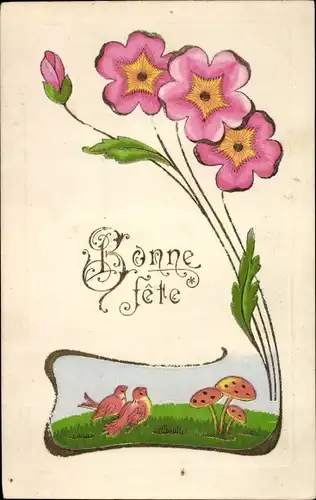 Präge Ak Glückwunsch, Bonne fete, Blumen, Vogel, Pilze