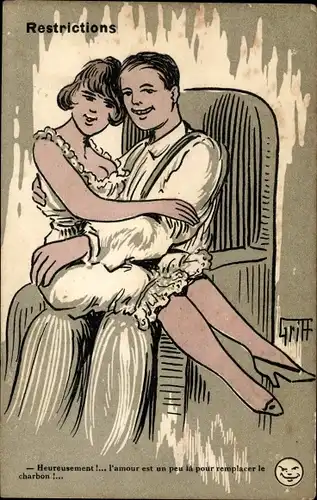 Künstler Ak Griff, Liebespaar, Frau sitzt auf dem Schoss ihres Mannes, Restrictions