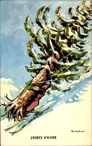 Künstler Ak Orduer, P., Mann fährt Ski mit Tannenbaum, Sports d'Hiver
