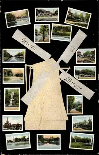 Ak Alkmaar Nordholland Niederlande, Windmühle, Denkmal, Kirche, Straßenpartie, Kanal