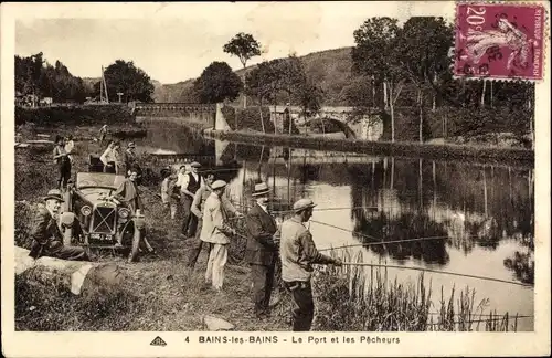 Ak Bains les Bains Vosges, le Port et les Pecherus, Brücke, Fluss, Angler, Automobil