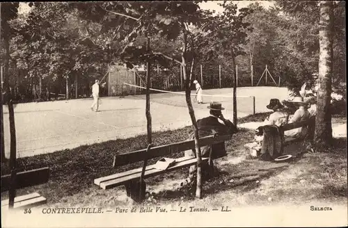 Ak Contrexéville Lothringen Vosges, Parc de belle Vue, Tennisspieler, Zuschauer auf Bänken