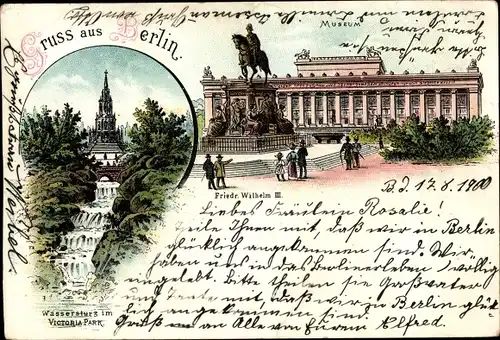 Litho Berlin Mitte, Museum Reiterstandbild Friedrich Wilhelm III, Wassersturz Victoriapark Kreuzberg