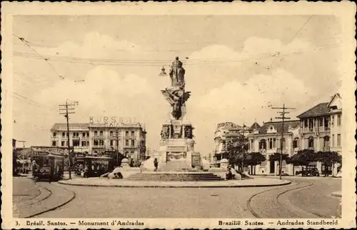 Ak Santos Brasilien, Monument d'Andradas, Standbild, Platz, Straßenbahn