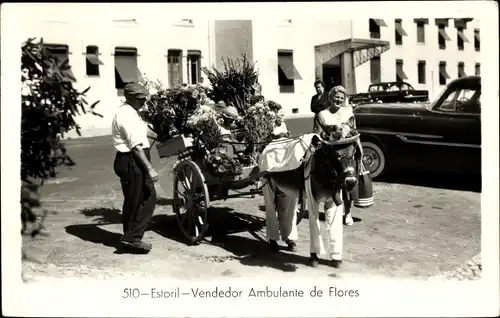 Ak Estoril Cascaes Cascais Portugal, Vendedor Ambulante de Flores, Blumenhändler mit Eselskarren