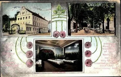 Passepartout Ak Meerane in Sachsen, Härtel Hotel, Garten, Festsaal