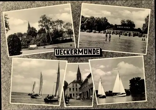 Ak Ueckermünde in Vorpommern, Teilansicht, Strand, Segelboote