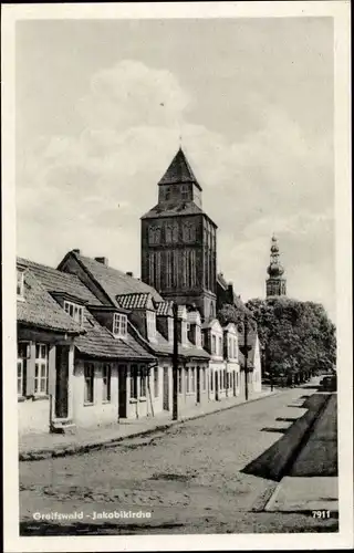 Ak Greifswald, Partie an der Jakobikirche, Häuserreihe